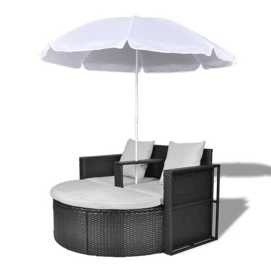 Meubelen-Online - Loungebed Marbella set poly rattan met parasol zwart