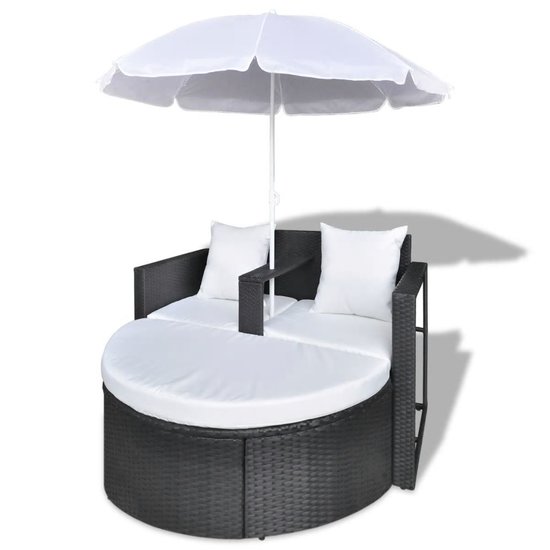 Meubelen-Online - Loungebed Marbella set poly rattan met parasol zwart