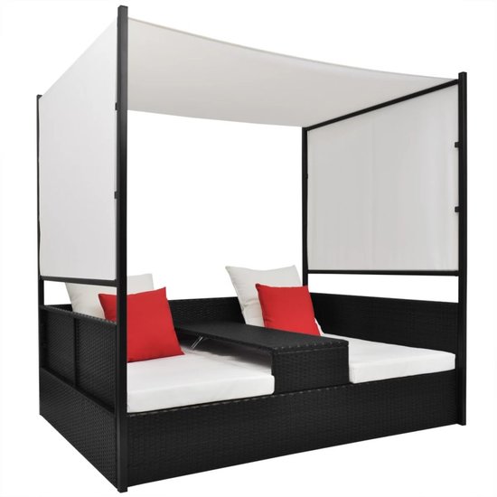 Meubelen-Online - Ligbed met luifel 190x130 cm poly rattan zwart