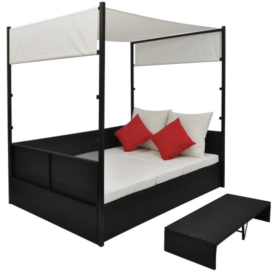 Meubelen-Online - Ligbed met luifel 190x130 cm poly rattan zwart