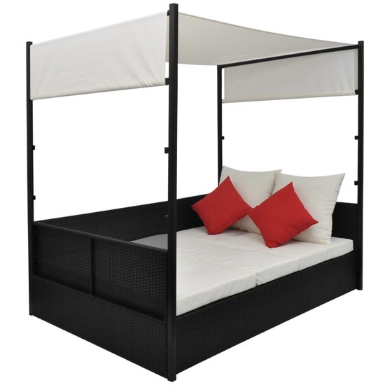 Meubelen-Online - Ligbed met luifel 190x130 cm poly rattan zwart