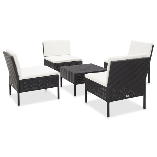 Meubelen-Online - 5-delige Loungeset met kussens poly rattan zwart