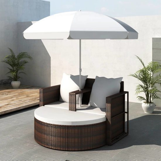 Meubelen-Online - Tuinbed Ibiza met parasol poly rattan bruin ligbed