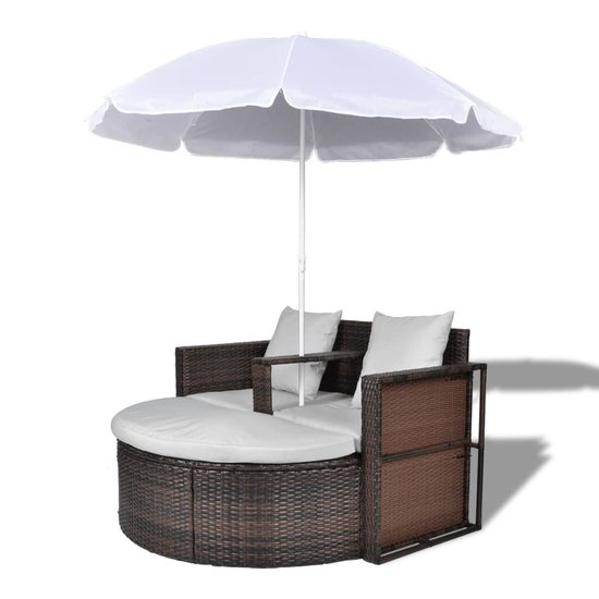 Meubelen-Online - Tuinbed Ibiza met parasol poly rattan bruin ligbed