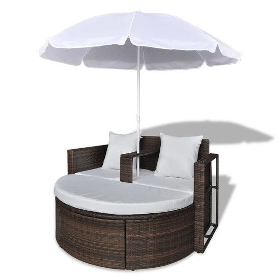 Meubelen-Online - Tuinbed Ibiza met parasol poly rattan bruin ligbed