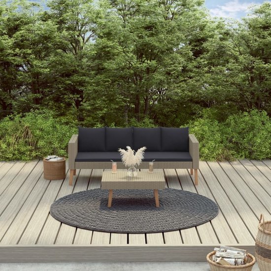 Tuinbank met tafel Manson - grijze kussens - poly rattan beige