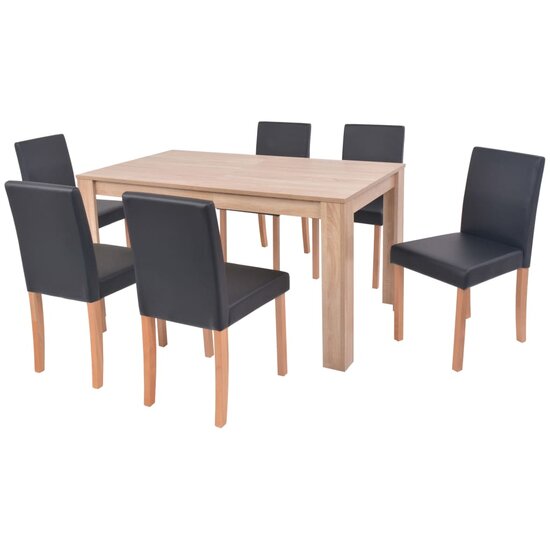 Eethoek Annet tafel met 6 Stoelen zwart Kunstleer En Eikenhout