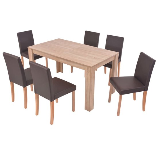 Eethoek Annet  6 stoelen kunstleer bruin met eiken tafel 