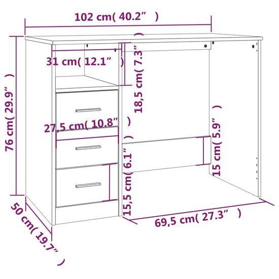 Bureau Met Lades 102X50X76 Cm Hout Hoogglans Wit