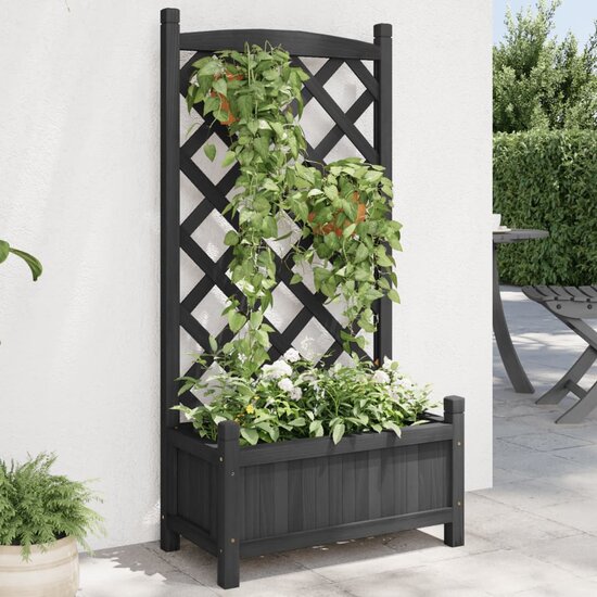 Plantenbak Met Latwerk Massief Vurenhout Zwart 55 x 29,5 x 110 cm