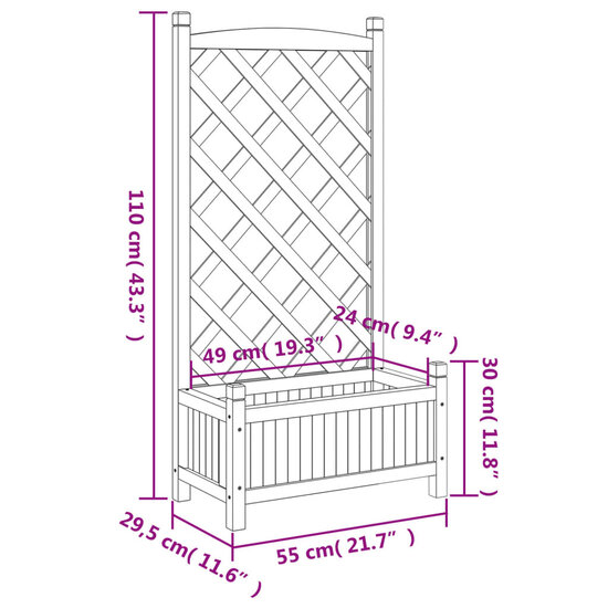 Plantenbak Met Latwerk Massief Vurenhout Zwart 55 x 29,5 x 110 cm