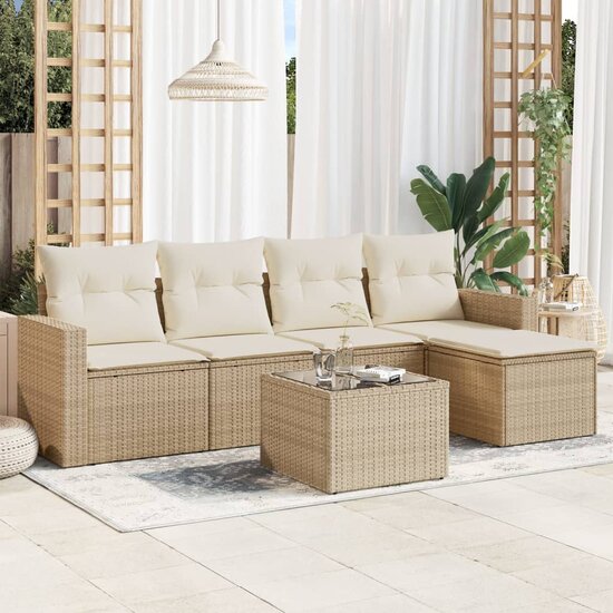 Loungeset Merel Met Kussens Poly Rattan Beige en tafel