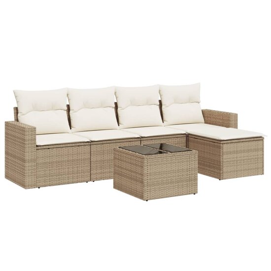 Loungeset Merel Met Kussens Poly Rattan Beige en tafel