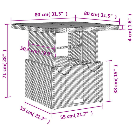 Tuintafel LIFT 80X80X71 Cm Poly Rattan En Acaciahout Zwart