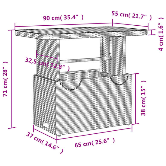 Tuintafel LIFT 90X55X71 Cm Poly Rattan En Acaciahout Grijs