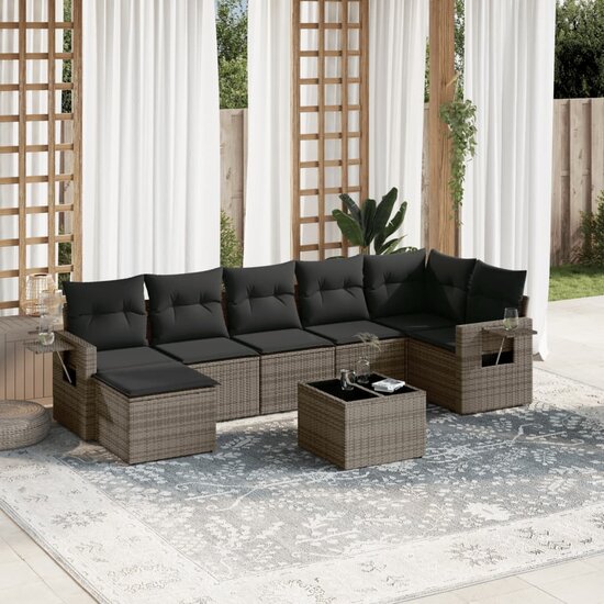 Loungeset Harald 8-delig polyrattan grijs met grijze kussens