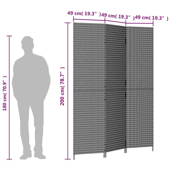 Kamerscherm 3 Panelen Poly Rattan Grijs 147 x 200 cm Dichtgeweven