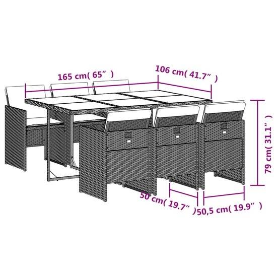 Tuinset Venus 6 stoelen Met Kussens Poly Rattan Grijs Glas