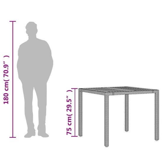 Tuintafel Hank acaciahouten blad 90x90x75 cm poly rattan zwart