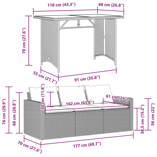 Loungeset Dallas Tuinset met kussens poly rattan beige