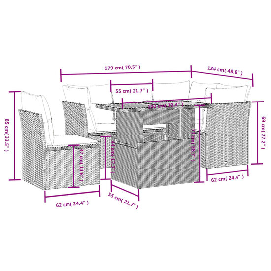 Loungeset Nantes met kussens poly rattan grijs 5-delig