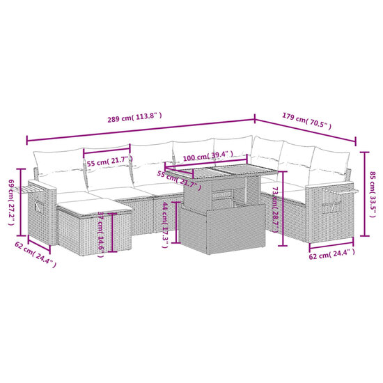 Loungeset Nice met kussens poly rattan grijs 8-delig