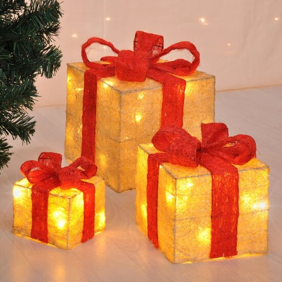 Kerstverlichting geschenkdoos met rode linten 3 stuks LED