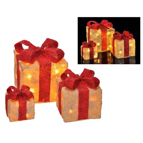 Kerstverlichting geschenkdoos met rode linten 3 stuks LED