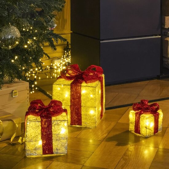 Kerstverlichting geschenkdoos met rode linten 3 stuks LED