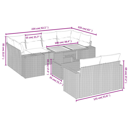 11-delige Loungeset Diner met kussens poly rattan beige