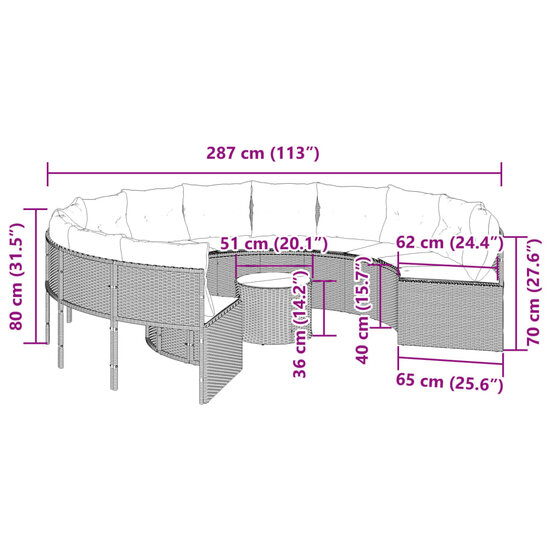 Tuinbank Maxima met tafel en kussens rond poly rattan grijs