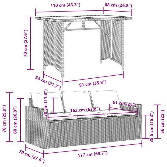 2-delige Tuinset Jantien met kussens poly rattan bruin