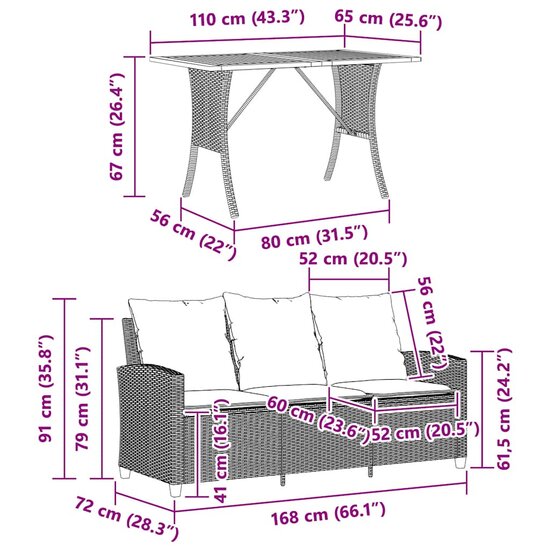 Tuinbank Calipso 3-zits met kussens &amp; tafel poly rattan beige