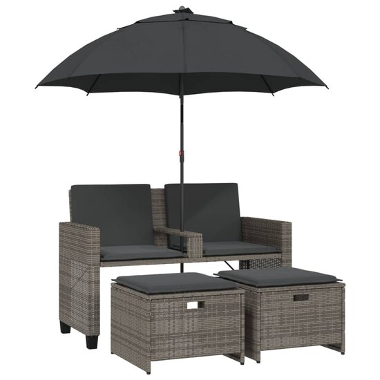 Tuinbank Tango 2-zits met parasol en voetenbanken poly rattan grijs