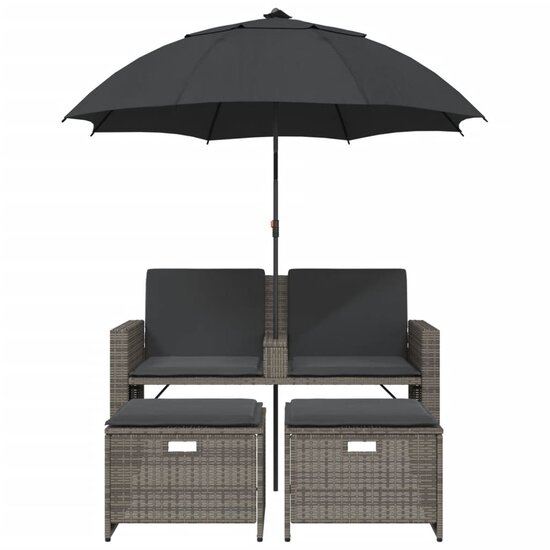 Tuinbank Tango 2-zits met parasol en voetenbanken poly rattan grijs