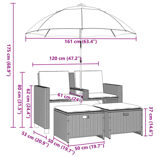 Tuinbank Tango 2-zits met parasol en voetenbanken poly rattan grijs