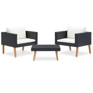 3-delige Loungeset Dick met kussens poly rattan zwart