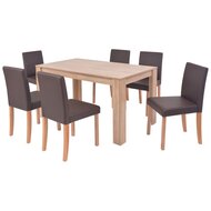 Eethoek Annet  6 stoelen kunstleer bruin met eiken tafel 